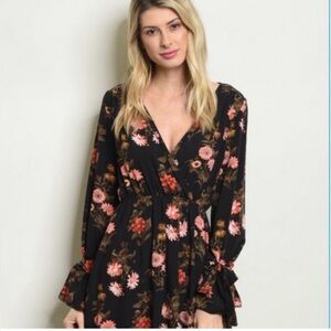 Soprano Floral Long Sleeve with Ties Midi Dress, Black/Pink, Size M